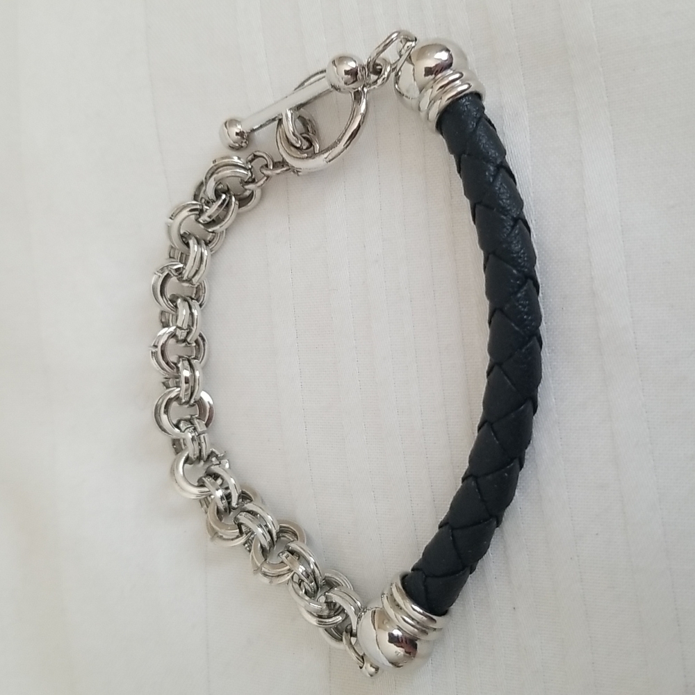 Black Leather Silver Chunky Chain Bracelet